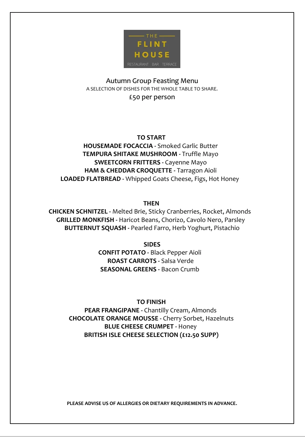 Flint House Group Menu
