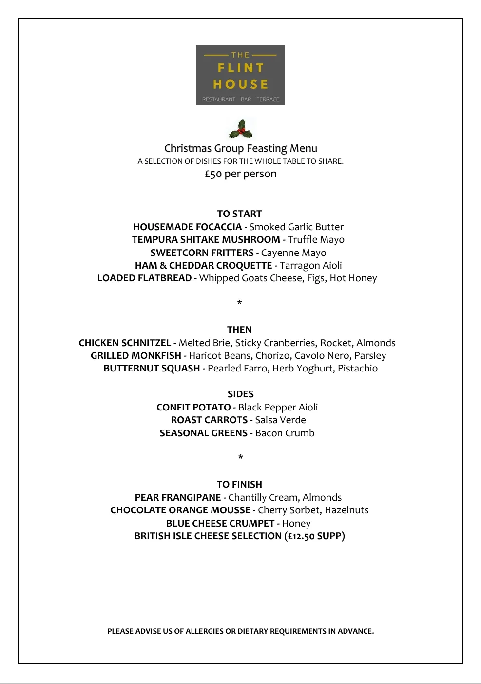 Flint House Group Menu